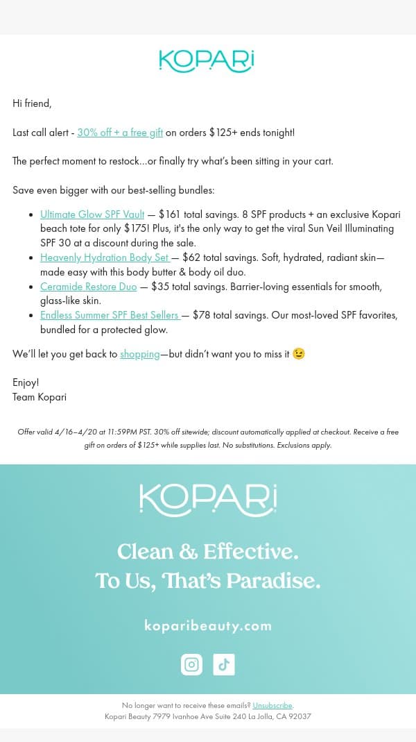 6 hours left—don’t miss 30% off email from Kopari screenshot
