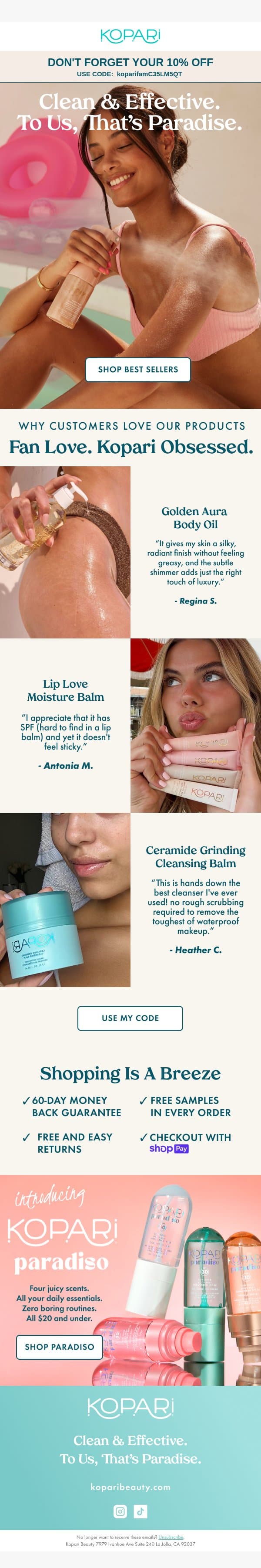 "This is hands down the best I’ve ever used!" email from Kopari screenshot