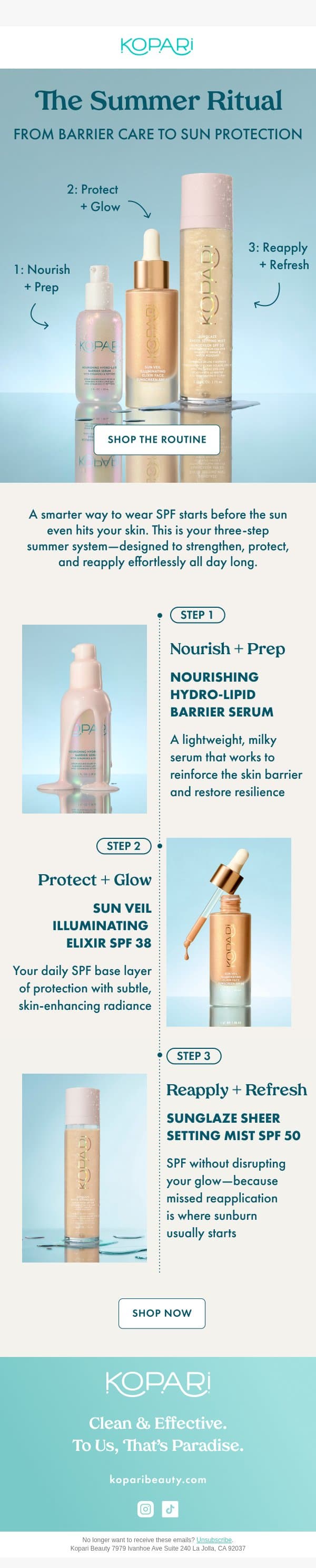 The 3-Step Summer Skin Routine email from Kopari screenshot