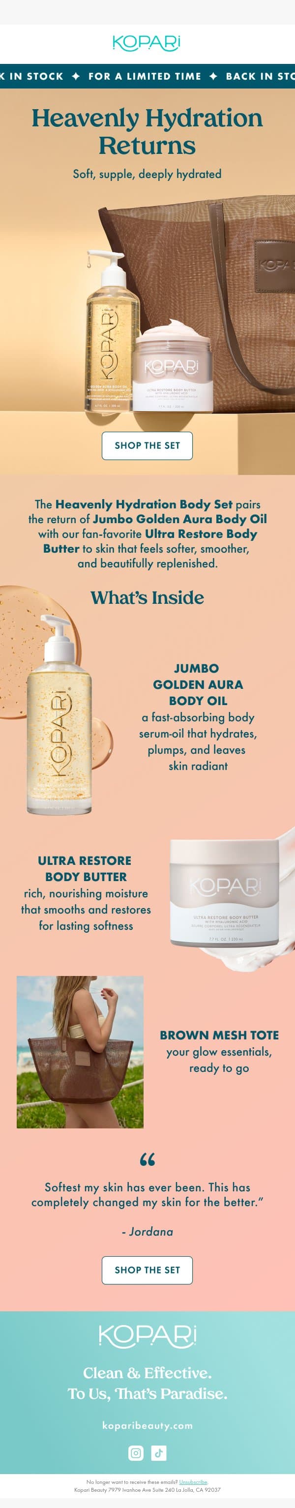 BACK IN STOCK: Heavenly Hydration Body Set email from Kopari screenshot