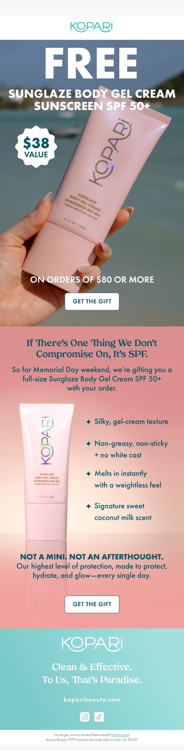 FREE! Sunglaze Body Gel Cream SPF 50+ ☀️ email from Kopari screenshot