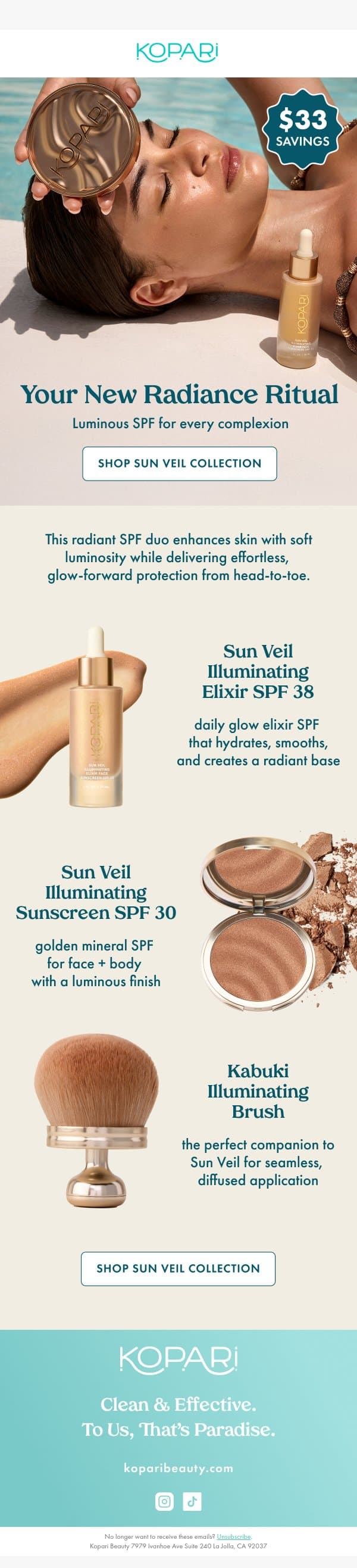 Save $33 on the Sun Veil Collection email from Kopari screenshot