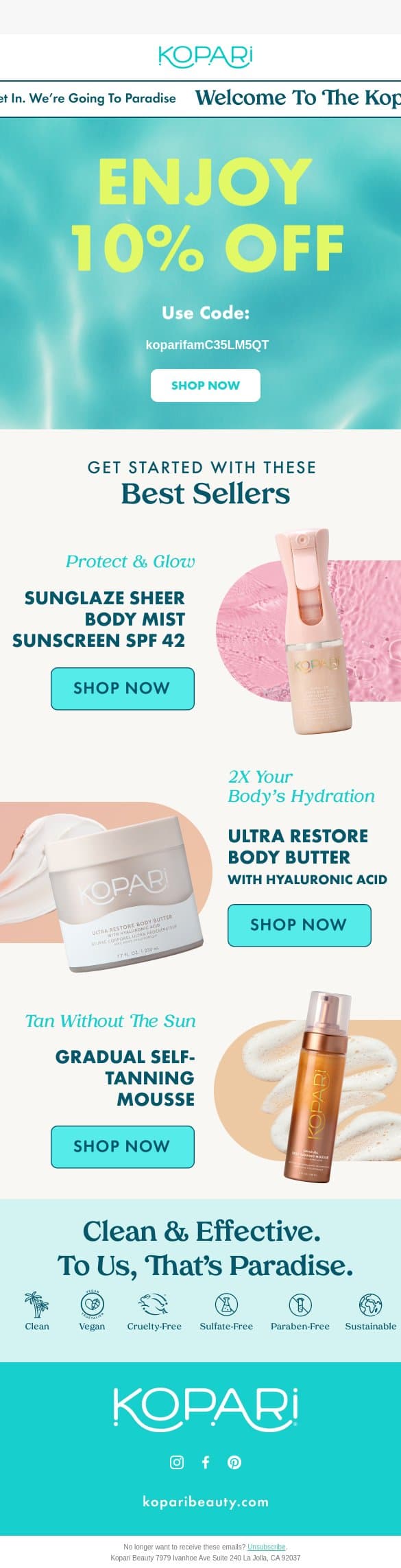 You're In! Your 10% off awaits 🌴 email from Kopari screenshot