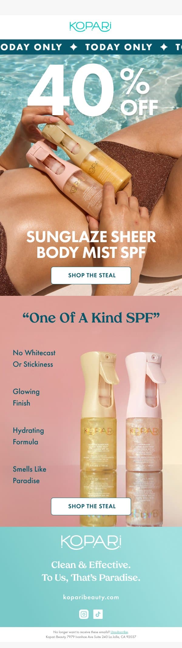 TODAY ONLY: 40% off Sunglaze Body Mist ✨ email from Kopari screenshot