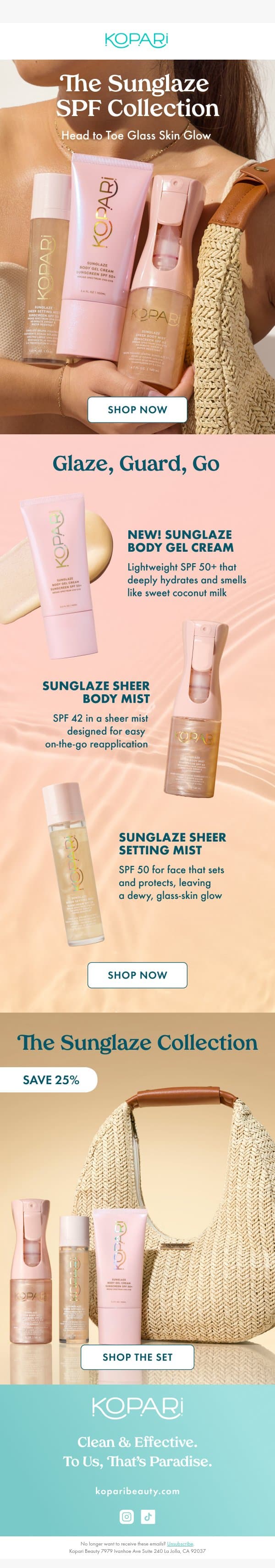 Save 25% on the iconic Sunglaze Collection email from Kopari screenshot