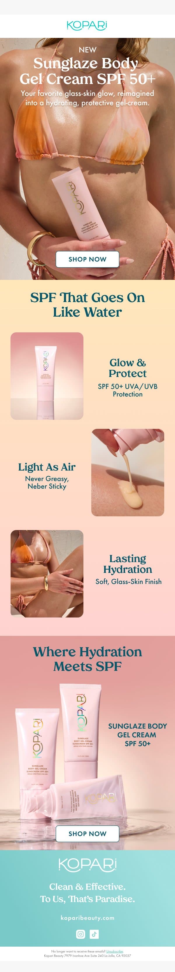 NEW! Sunglaze Body Gel Cream SPF 50+ email from Kopari screenshot