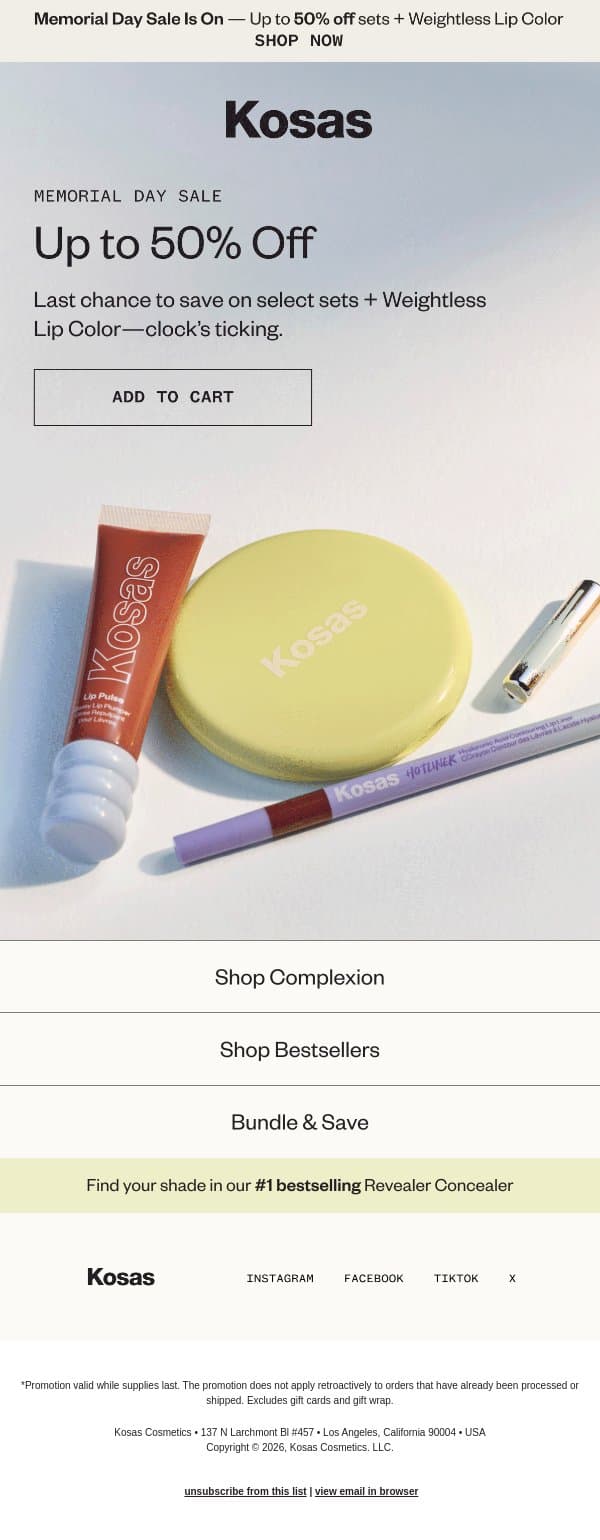 Last call for up to 50% off email from Kosas screenshot