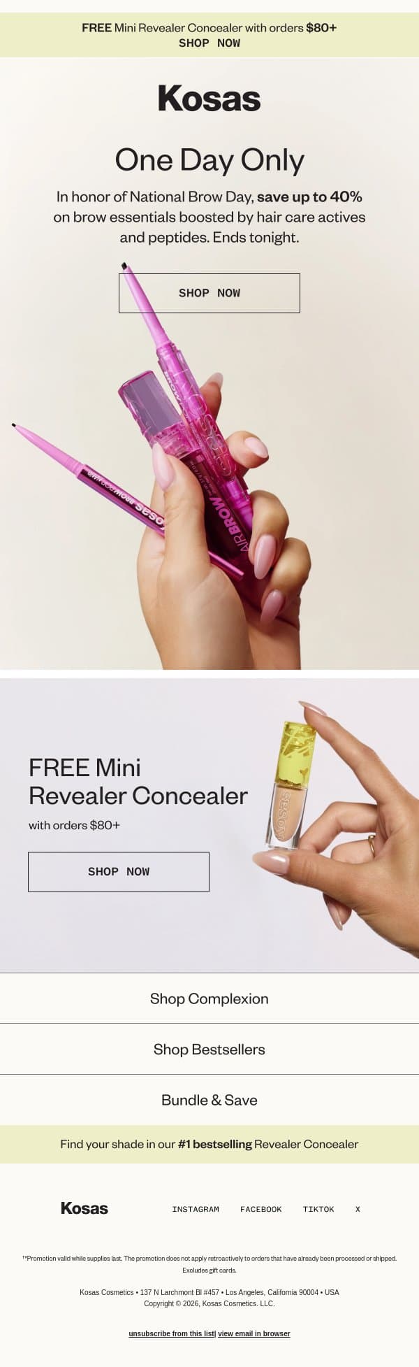 Today only: Up to 40% off brow favorites email from Kosas screenshot