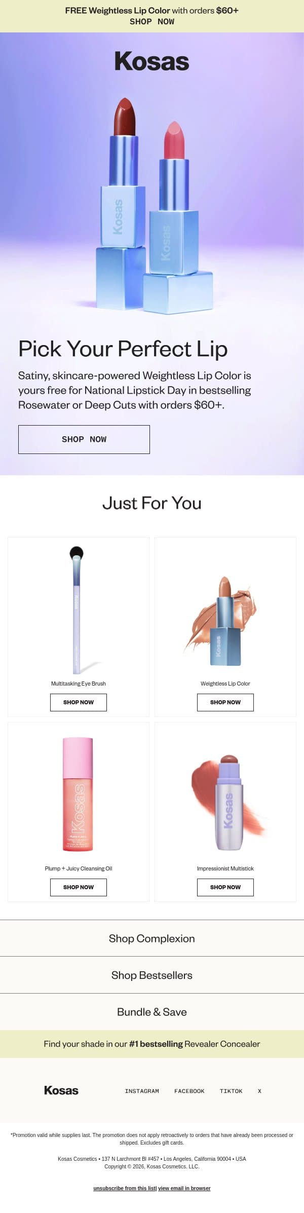 Just for National Lipstick Day email from Kosas screenshot