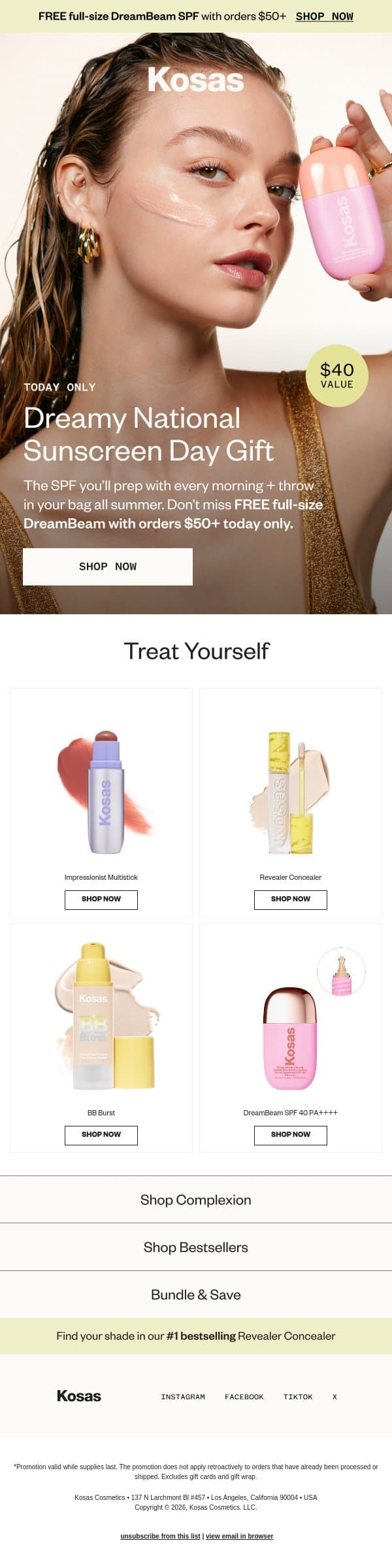 Free SPF for National Sunscreen Day ☀️ email from Kosas screenshot