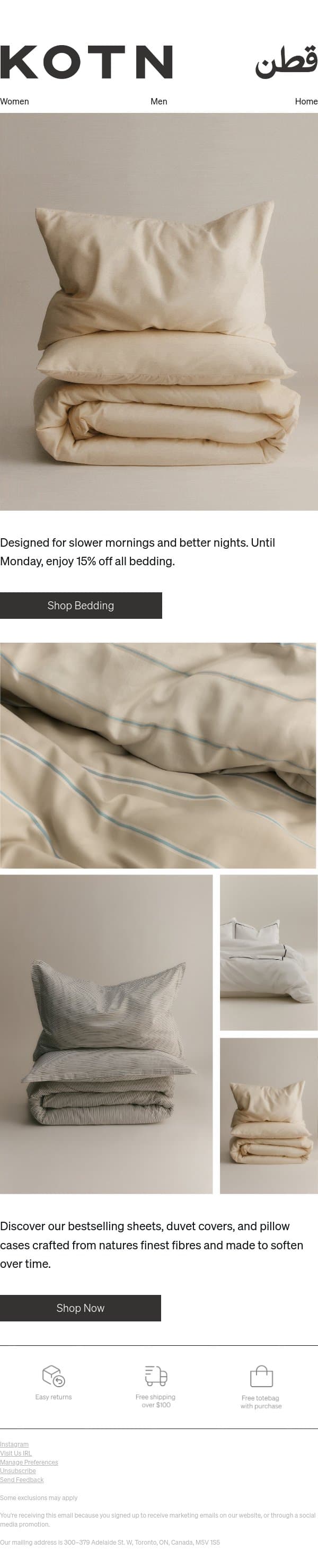15% Off All Bedding Now Live email from Kotn screenshot