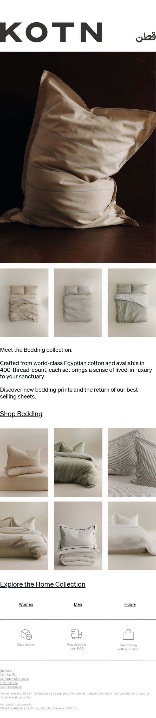 The Bedding Collection email from Kotn screenshot