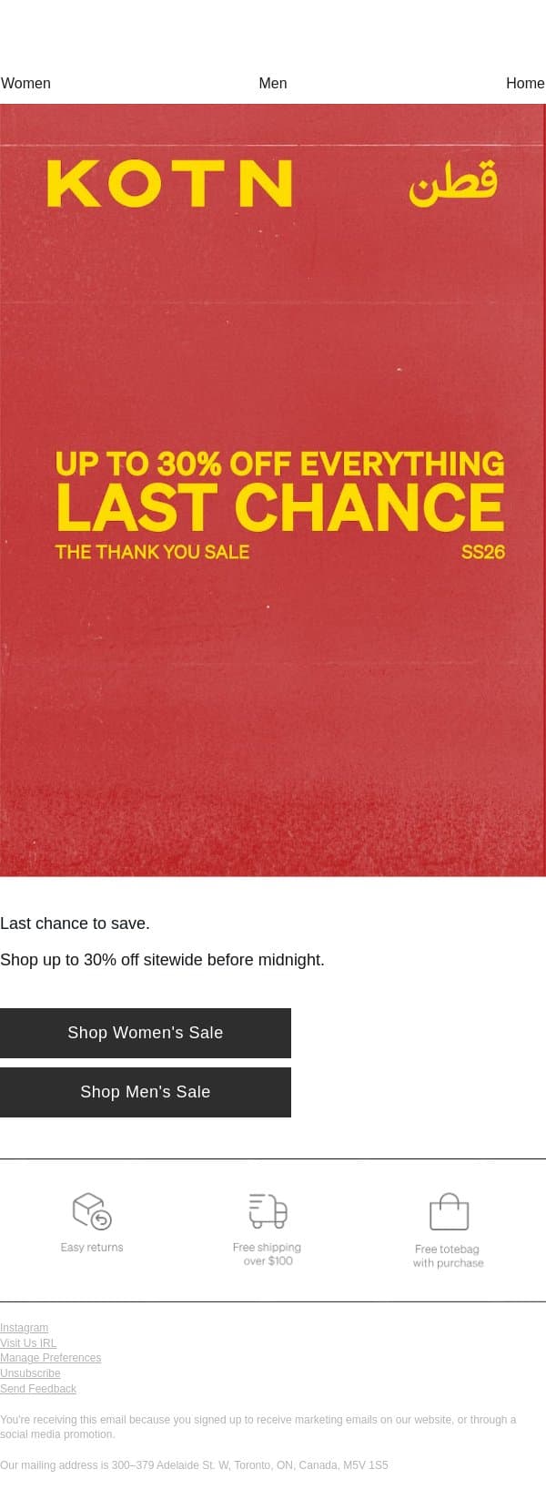 Thank You Sale Ends Tonight email from Kotn screenshot