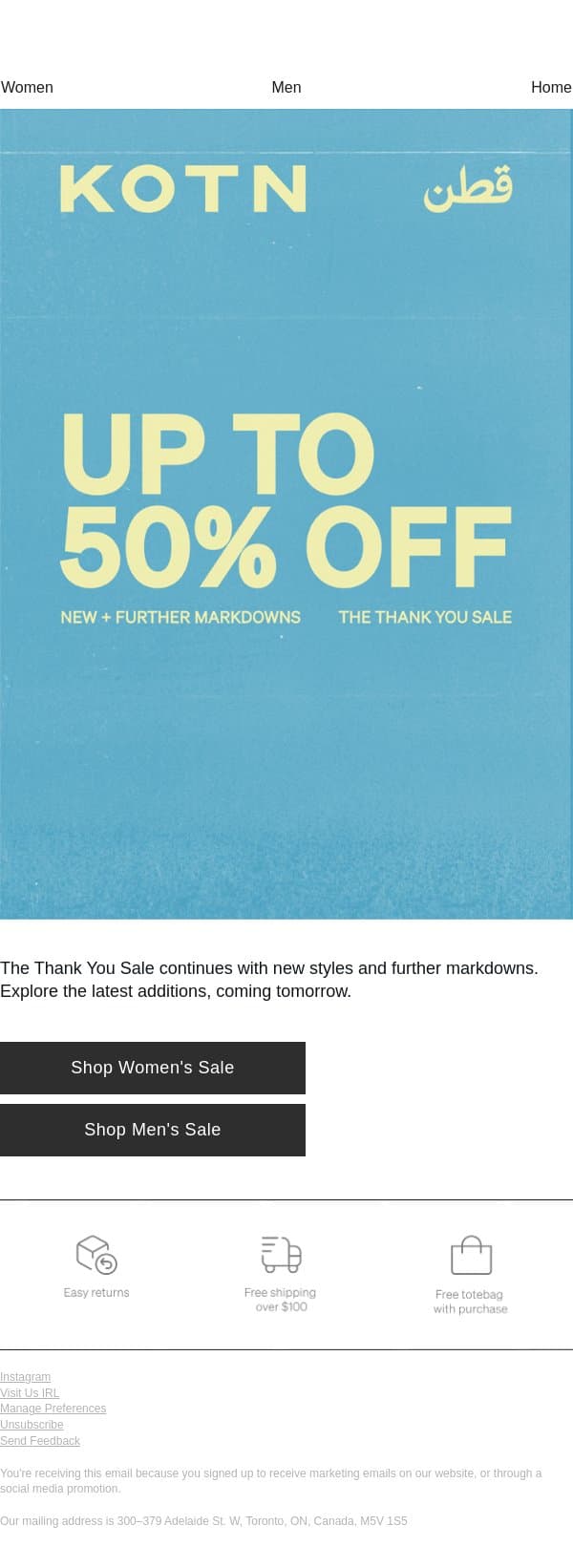 Up to 50% Off email from Kotn screenshot