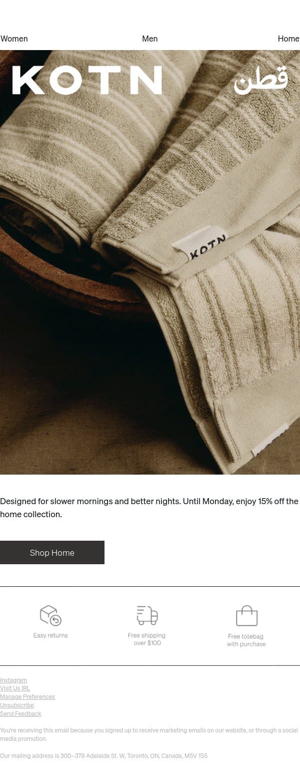 15% Off Home email from Kotn screenshot