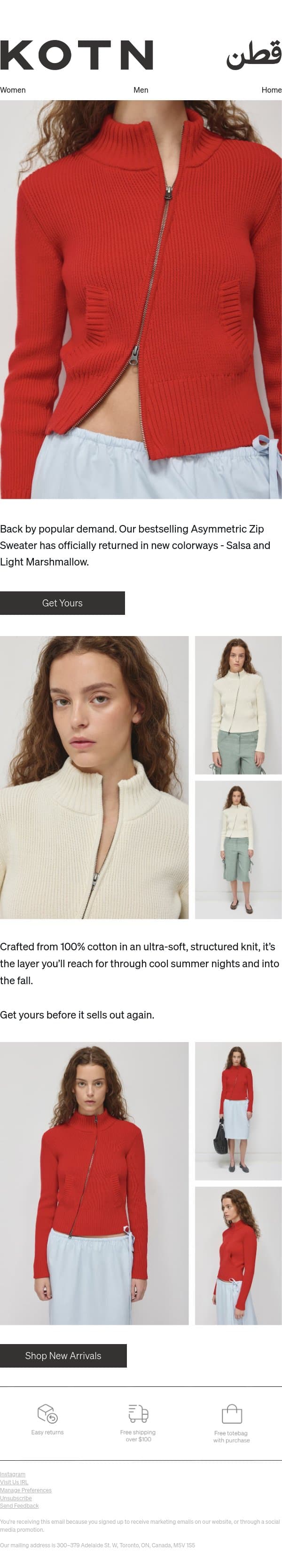 The Asymmetric Zip Sweater Is Back email from Kotn screenshot