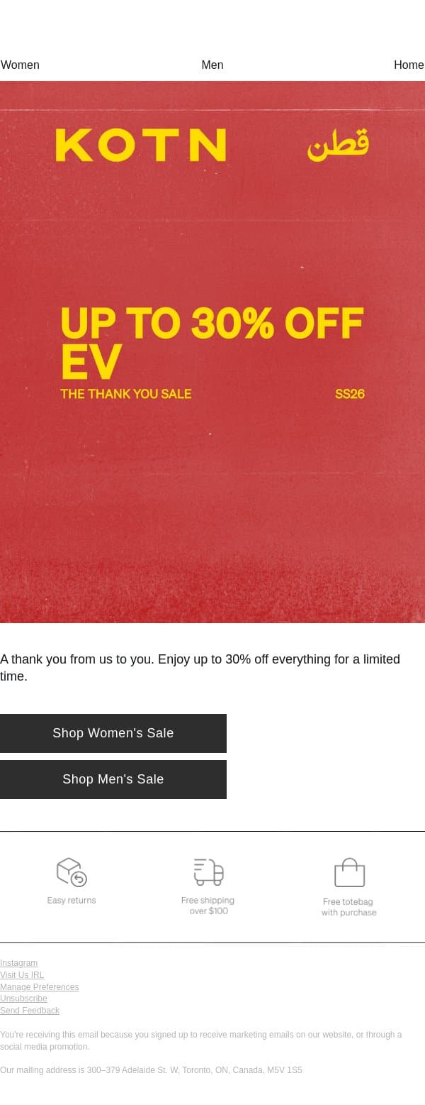 The Thank You Sale email from Kotn screenshot