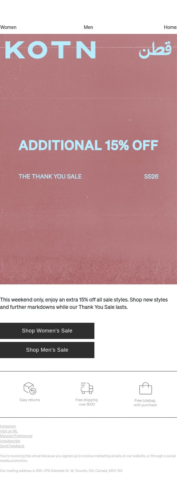 Extra 15% Off Sale Starts Now email from Kotn screenshot