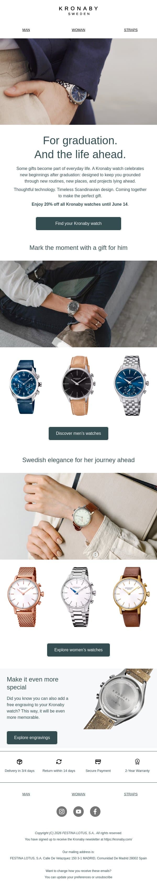 Celebrate graduation with a watch made to last email from Kronaby screenshot