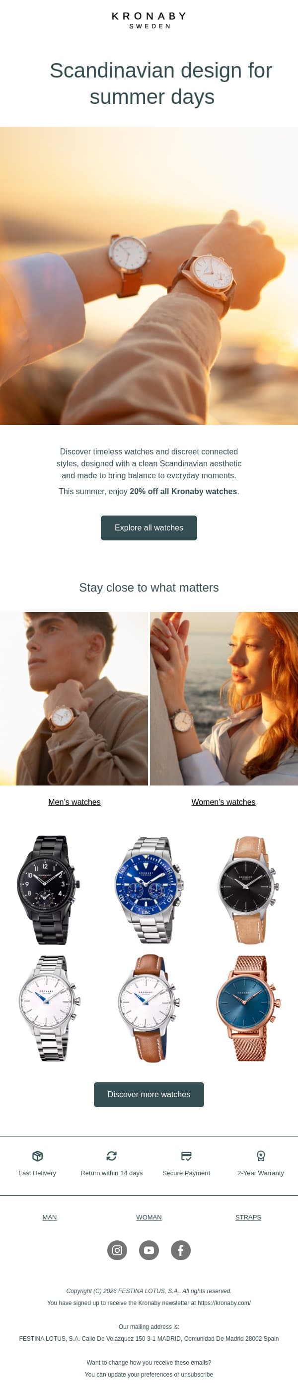 This summer, enjoy 20% off all Kronaby watches email from Kronaby screenshot