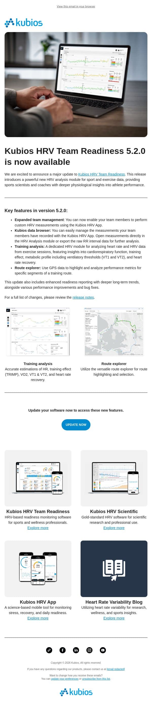 Introducing Kubios HRV Team Readiness 5.2.0 ✨ email from Kubios screenshot