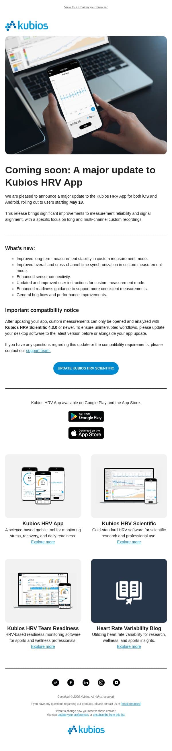 Coming soon: A major update to Kubios HRV App email from Kubios screenshot