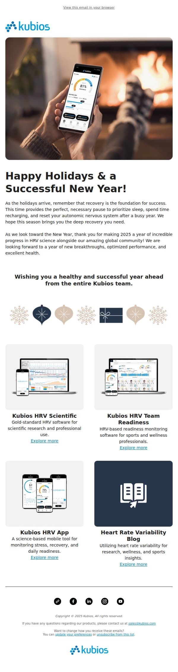 Happy Holidays & Success in the New Year! email from Kubios screenshot