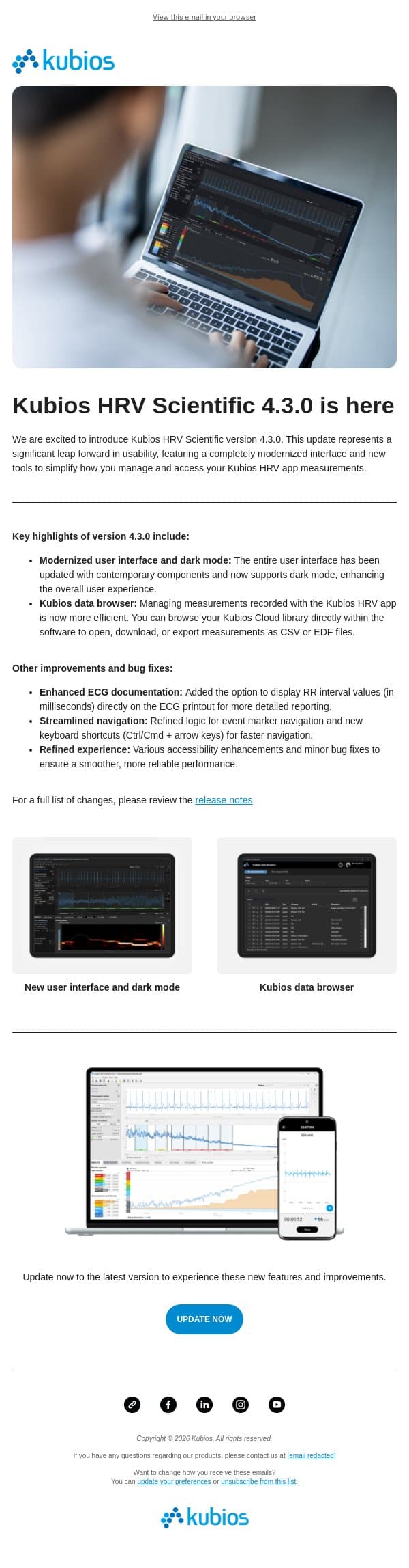 Introducing Kubios HRV Scientific 4.3.0 🚀 email from Kubios screenshot