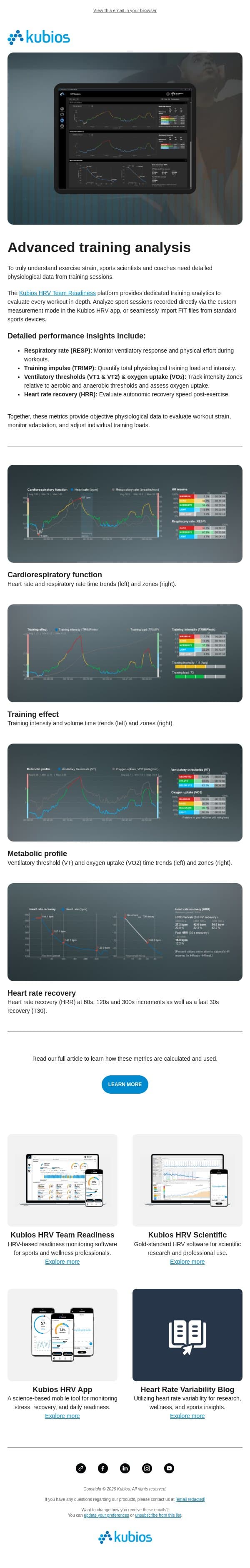 Precision training analysis with Kubios Team Readiness email from Kubios screenshot