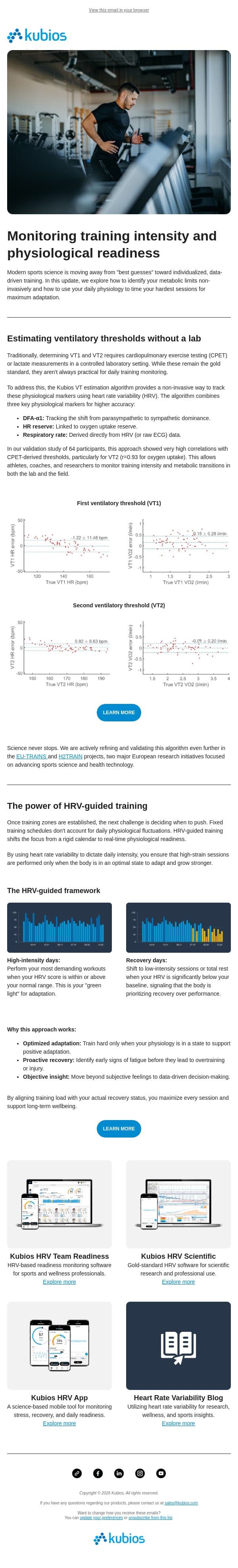 Ventilatory Threshold Estimation and HRV-Guided Training email from Kubios screenshot