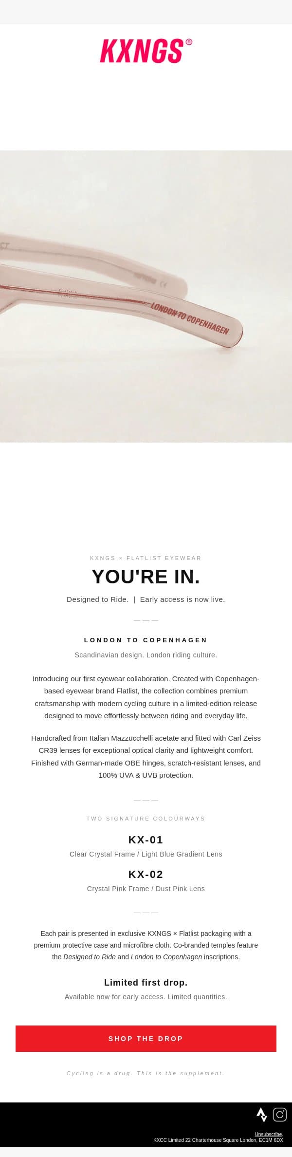 You're in. KXNGS x FLATLIST EYEWEAR. email from KXNGS screenshot