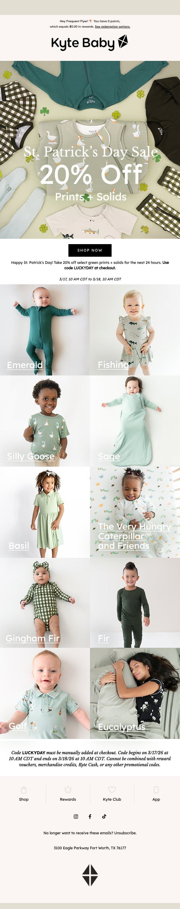 20% off select prints + solids 🍀 email from Kyte screenshot