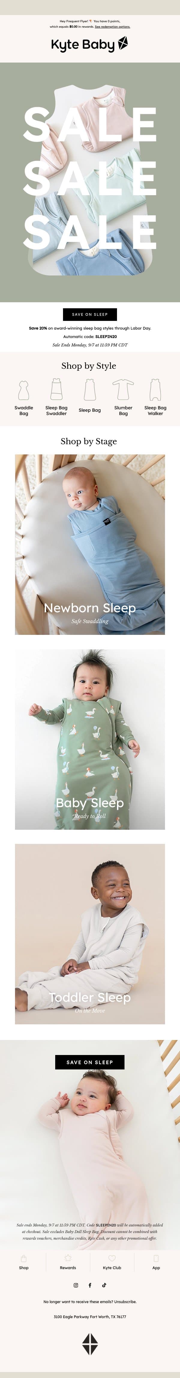 20% Off Sleep Bags + More Starts Now 💤 email from Kyte screenshot