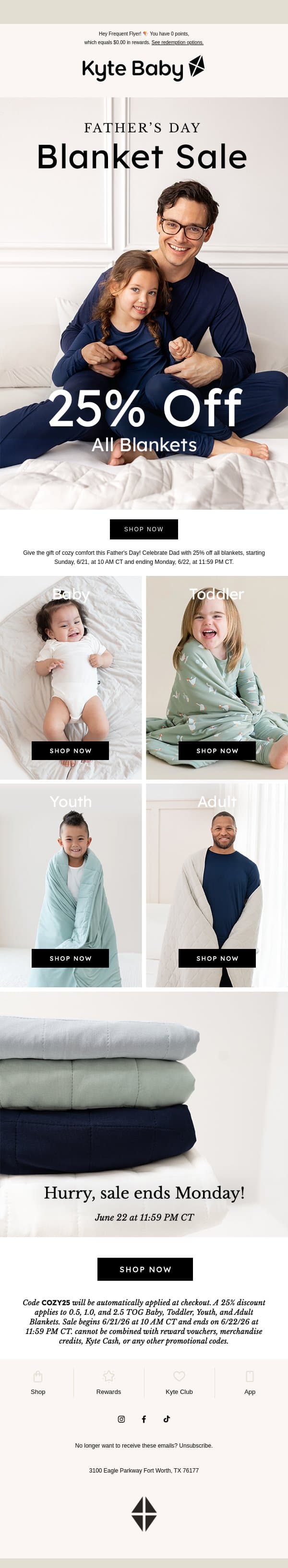 25% off ALL Blankets ✨ email from Kyte screenshot