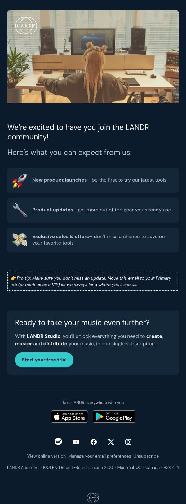 Thanks for subscribing to the LANDR newsletter! email from LANDR screenshot