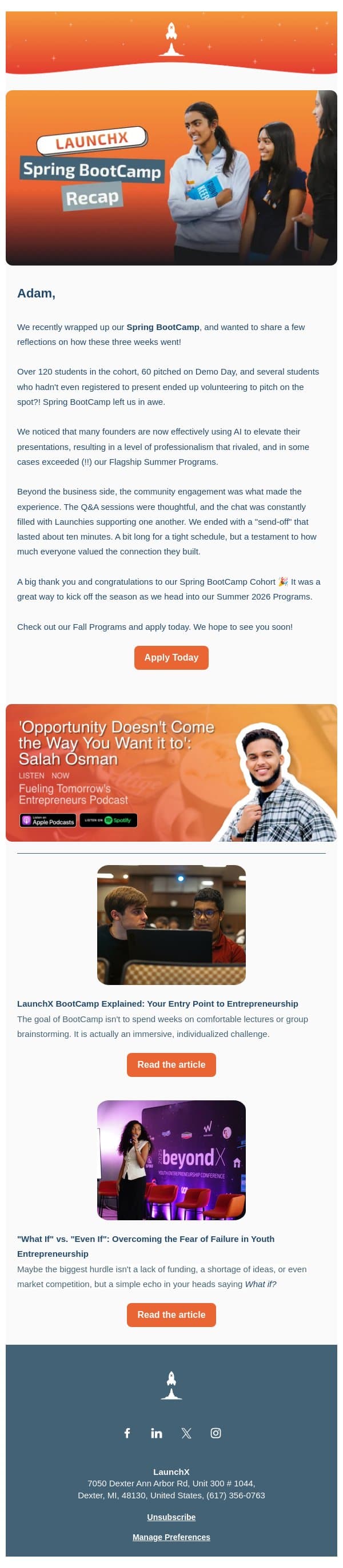 That's a Wrap on Spring BootCamp 🚀 email from LaunchX screenshot