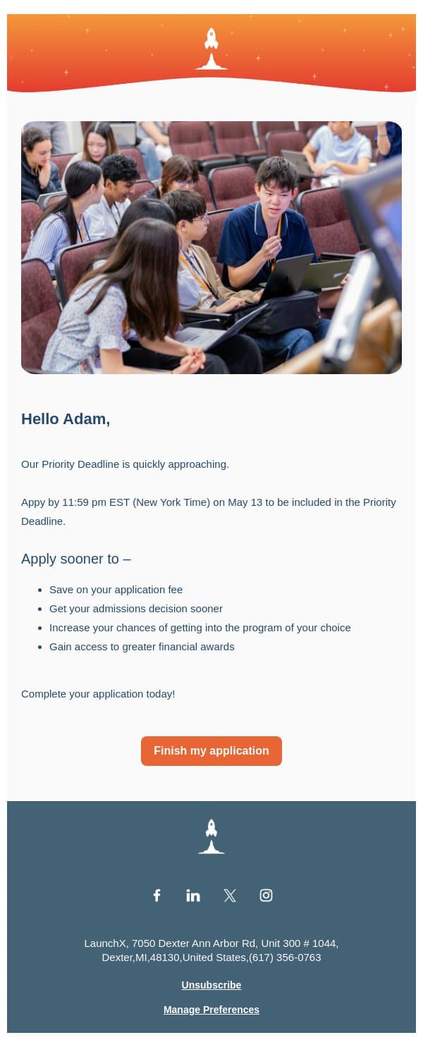 Priority Application Due by May 13 email from LaunchX screenshot