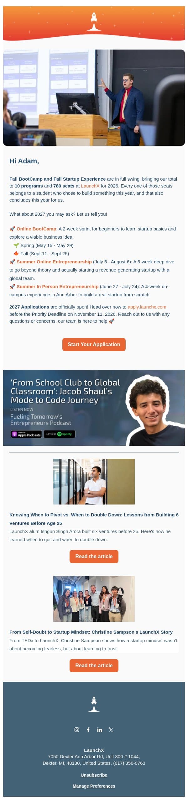 10 programs, 780 seats filled, and we're still going 🚀 email from LaunchX screenshot