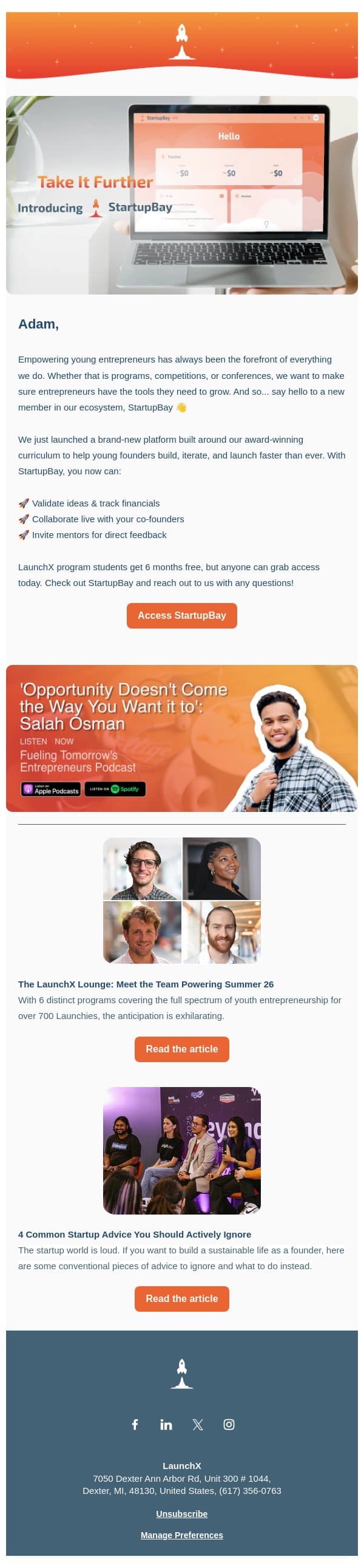 Say Hello to StartupBay 🚀 email from LaunchX screenshot