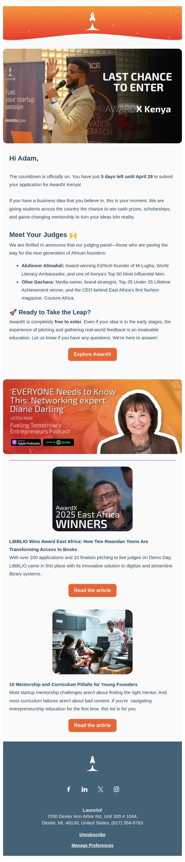 Your Last Chance to Enter AwardX Kenya 🚀 email from LaunchX screenshot