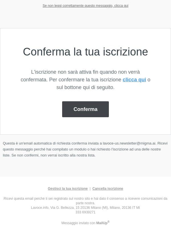 Azione richiesta: conferma la tua iscrizione email from Lavoce screenshot