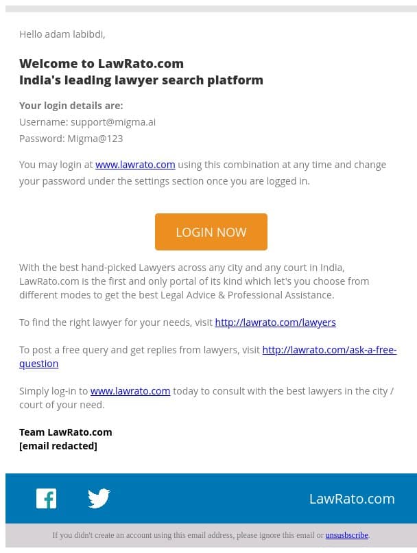 Welcome to LawRato.com email from LawRato screenshot