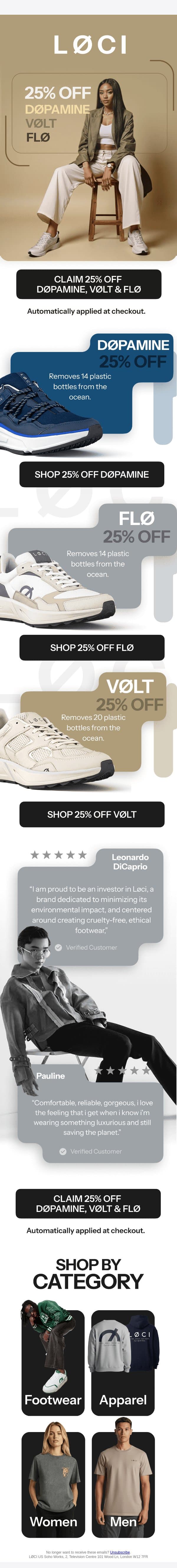 25% off. Three sneakers. One decision. email from LØCI screenshot