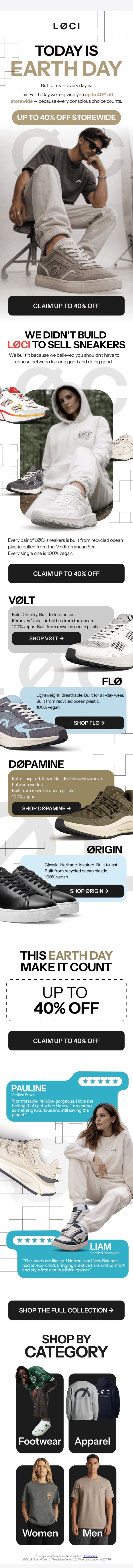 Earth Day: up to 40% off! email from LØCI screenshot