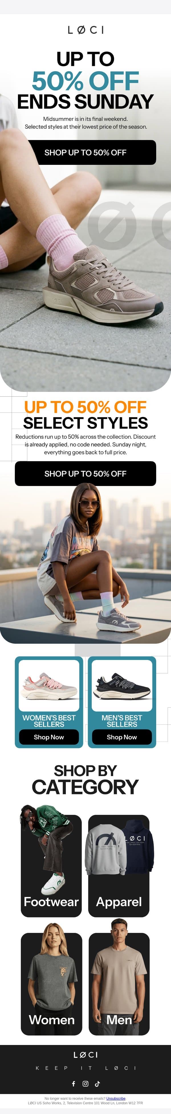 Up to 50% off. Final weekend. email from LØCI screenshot