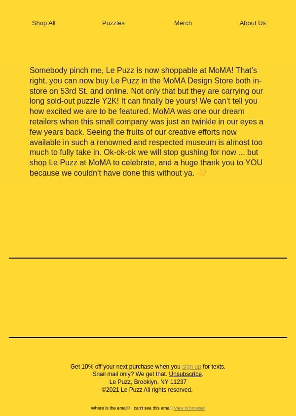Shop Y2K at MoMA! email from Le Puzz screenshot