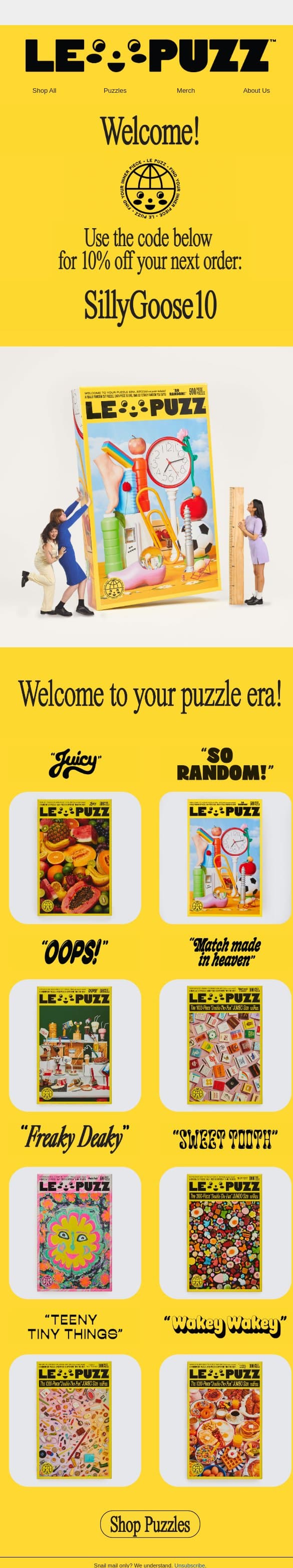 Welcome to your puzzle era! email from Le Puzz screenshot