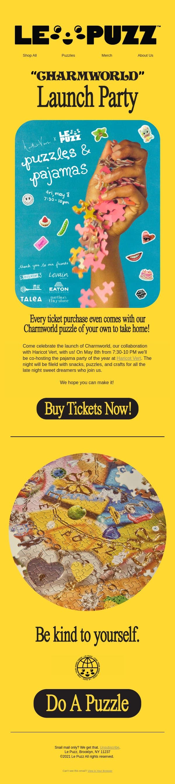 Charmworld Launch Party! email from Le Puzz screenshot
