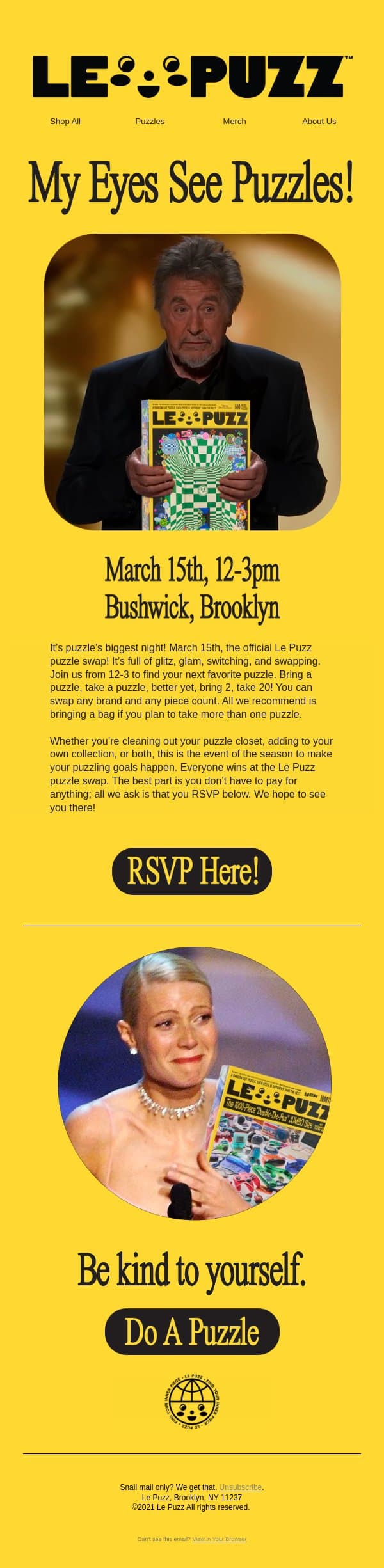 Join us for a Puzzle Swap This Sunday! email from Le Puzz screenshot