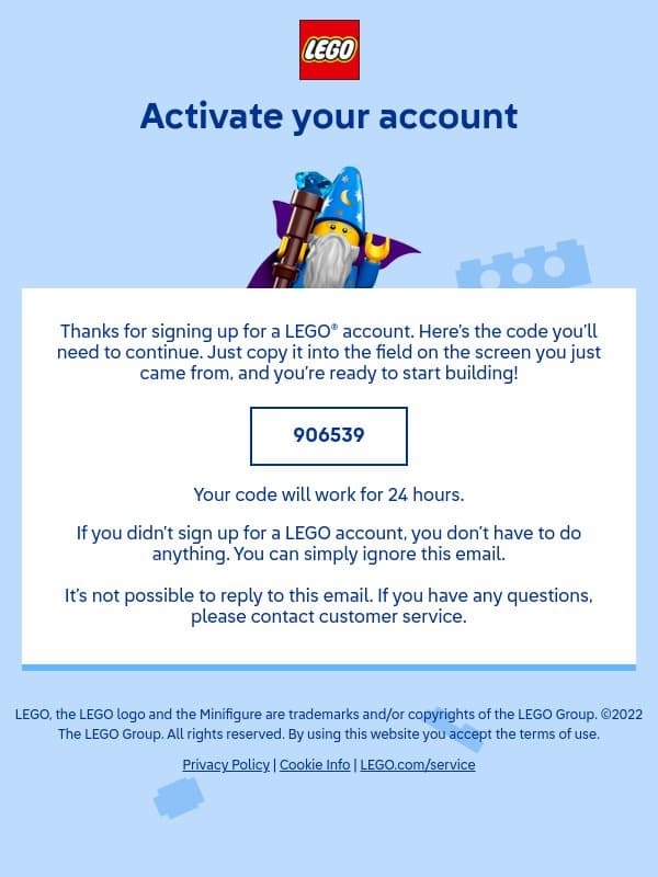 Here’s your LEGO® activation code: 906539 email from LEGO® screenshot